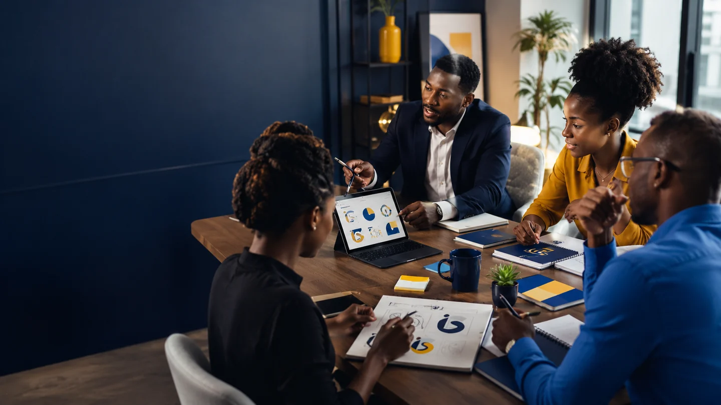 African business team discussing branding and digital growth strategy in a modern meeting room